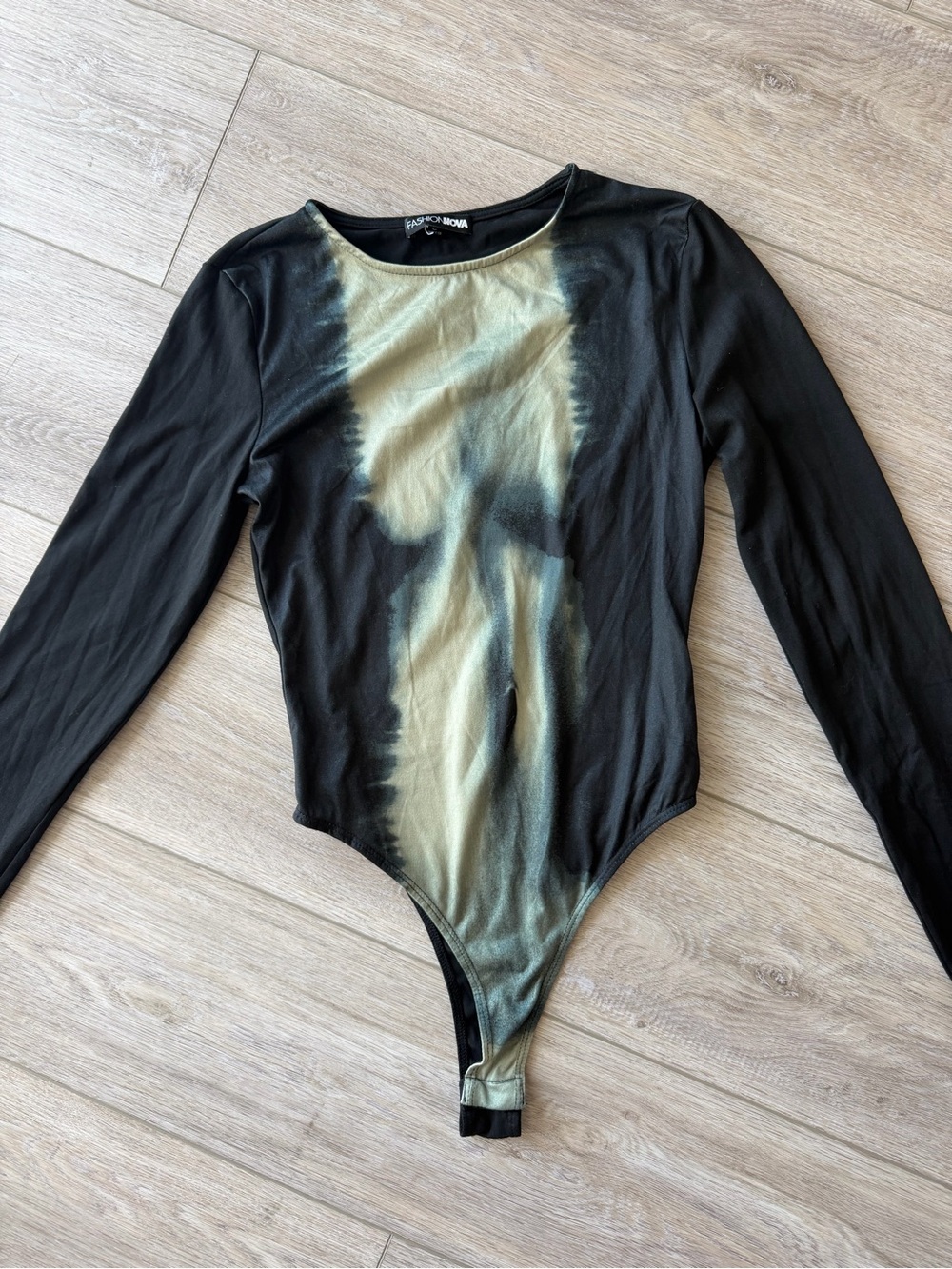 Fashion Nova Black & Olive Tie-Dye Long Sleeve Bodysuit